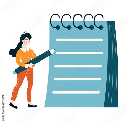 Planning strategy concept. Businesswoman with a giant pencil ready to check off tasks on a large to-do list. Organizational skills in action. Flat vector illustration
