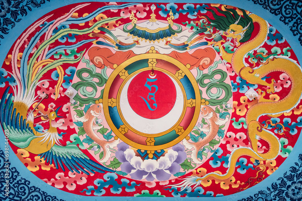 Red and white, dragon and phoenix, Pyang gompa, Ladakh, Tibetan Buddhism