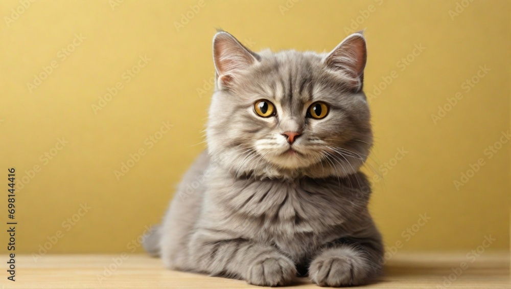 Beautiful gray cat on a light yellow background. Pet