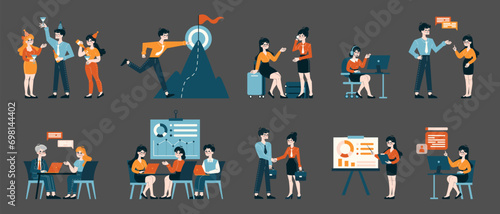 Workplace Celebration and Strategy set. Employees enjoying success, discussing goals, and analyzing data. Corporate achievements and collaboration in action. Flat vector illustration