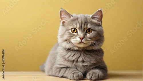 Beautiful gray cat on a light yellow background. Pet