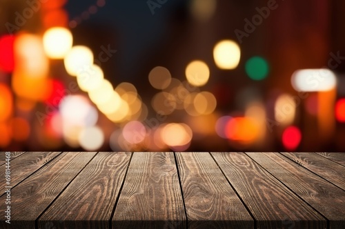Empty blank wood table on blur light bokeh background