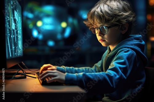 Little boy in eyeglasses playing computer games at night. Gaming concept, A child using a computer to master a new skill, AI Generated photo