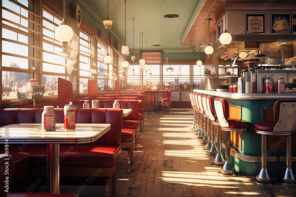 Interior of a cafe with tables and chairs. Vintage style, A classic diner scene with vintage elements, AI Generated