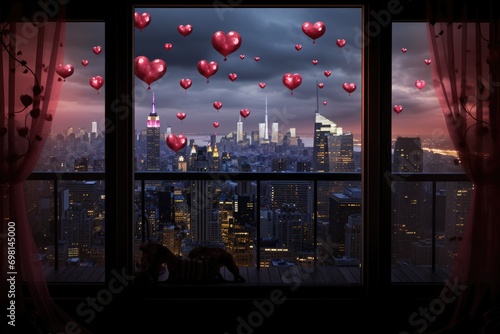 Valentine's day concept with red heart shaped balloons hanging from window, A cityscape seen through a window, adorned with love heart balloons, AI Generated