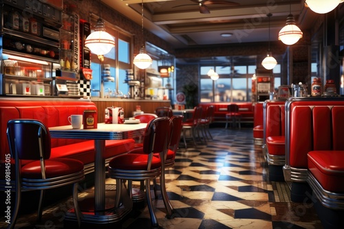 3d rendering of a beautiful brand new european restaurant in downtown, A classic diner scene with vintage elements, AI Generated