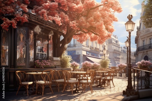 Street cafe in Paris with blooming cherry tree and vintage streetlights, A classic Parisian cafe in the spring morning, AI Generated