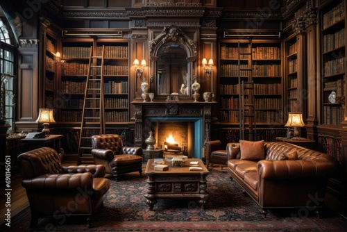 Luxury interior of the living room with a fireplace, leather armchairs and bookshelf, A classic Victorian era library with leather-bound books and wooden furniture, AI Generated © Iftikhar alam