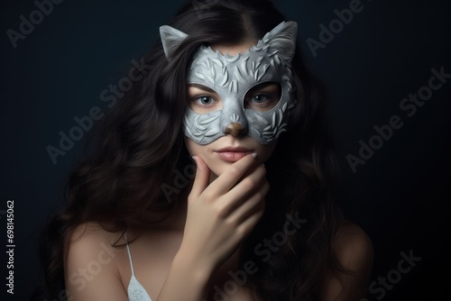 Beautiful young woman wearing a cat carnival mask on the black background