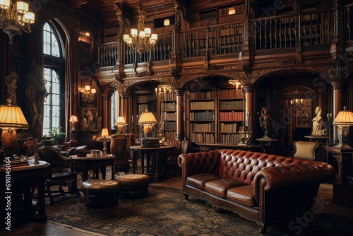 Luxury interior of the old library with furniture and books, A classic Victorian era library with leather-bound books and wooden furniture, AI Generated