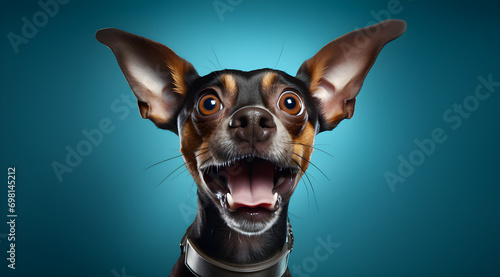 Excited dog. Big ears. Wide eyes. Open mouth. Blue background. Black fur. Shiny collar. Amazed. Brown eyes. Happy