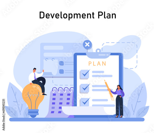 Professionals analyze a detailed development plan, showcasing a clipboard with checkmarks and an inspired lightbulb moment. Engaging teamwork in strategy design. Flat vector.