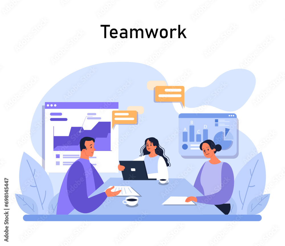 Teamwork concept. Engaged colleagues collaborating on digital projects, sharing insights and strategizing for success. Productive office synergy. Flat vector illustration.