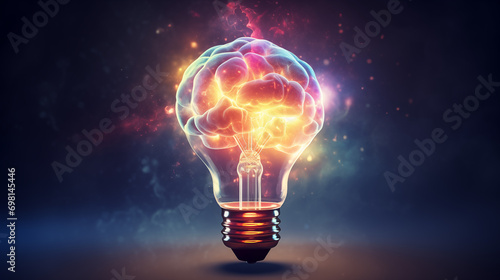 Conceptual Brain Light Bulb on Cosmic Background - Symbol of Ideas and Innovation photo