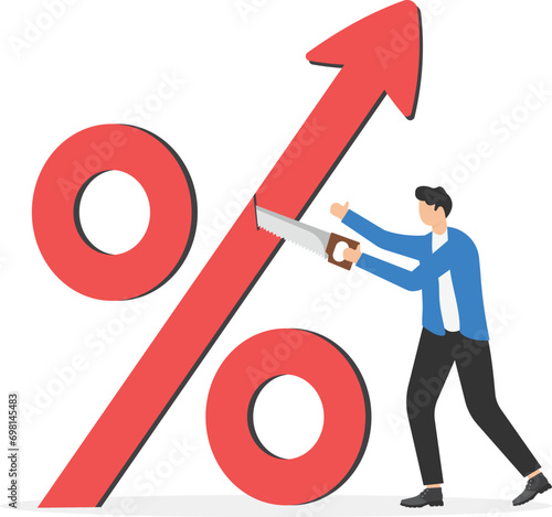 Stop Inflation. Economic crisis, the Fed raised the central bank interest rate to curb soaring inflation. High interest rates on loans. Сuts percentage mark with scissors.

