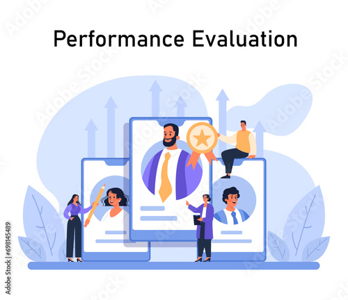 Performance Evaluation concept. Professionals celebrating top-performer accolades, highlighting growth and achievements. Recognition in digital workspace. Flat vector illustration.