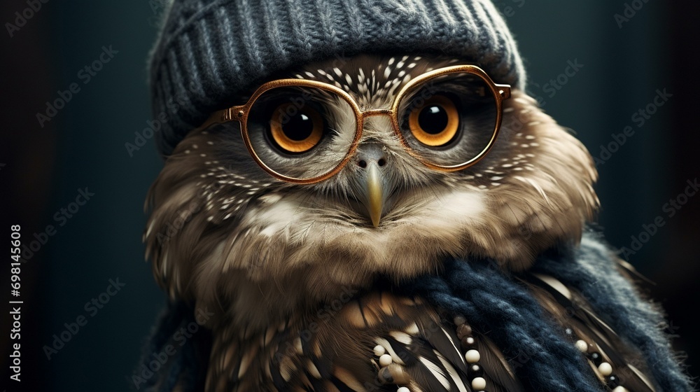 Fototapeta premium A chic owl donning oversized glasses and a feathered beret, embodying wisdom with a touch of avant-garde fashion. [fashion animals]
