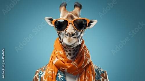 A stylish giraffe wearing a patterned scarf and oversized sunglasses, strutting down an imaginary runway. [fashion animals]