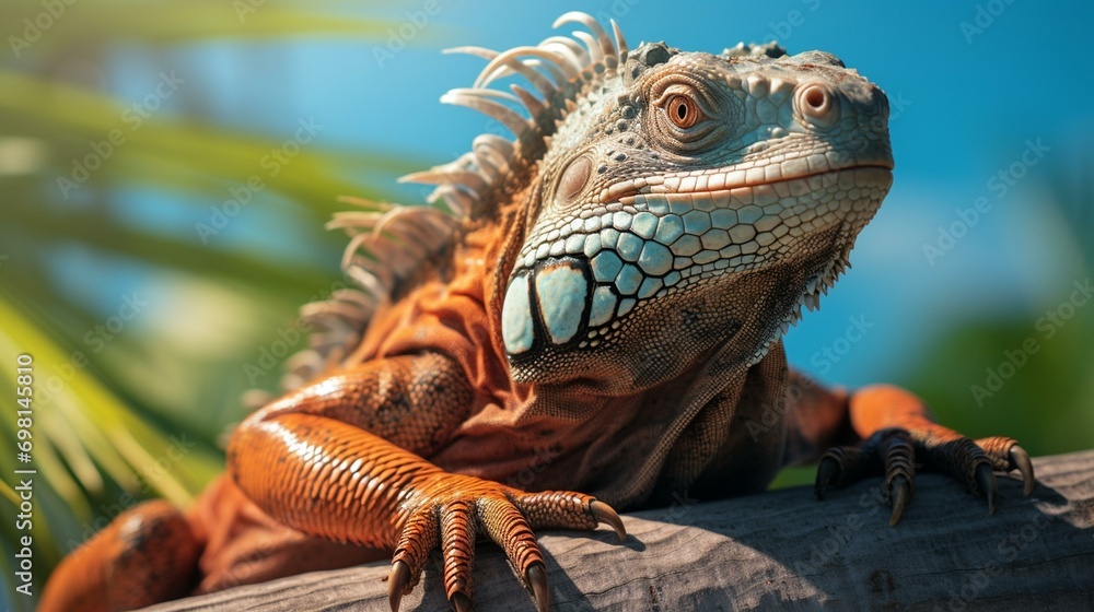 Fototapeta premium A close-up of a sunbathing iguana perched on a palm tree trunk, soaking up the warmth of the summer sun. [ah summer summer sun palm trees beach]