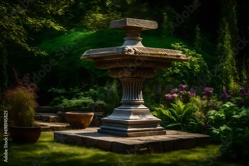 A stone pedestal in a garden displaying an empty old scroll.
