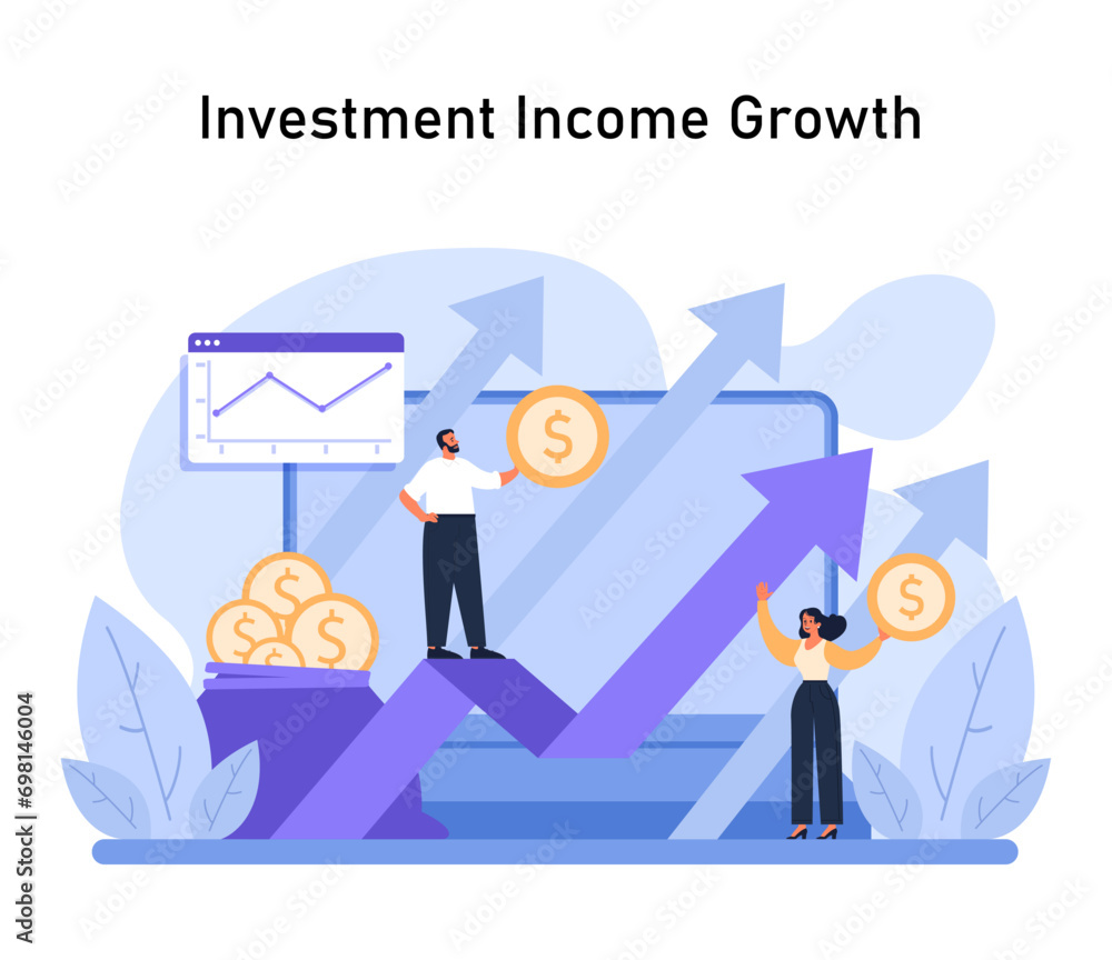 Wealth accumulation. Targeting investment income growth through strategic financial planning and market analysis. Elevating profits and capital gains. Flat vector illustration.