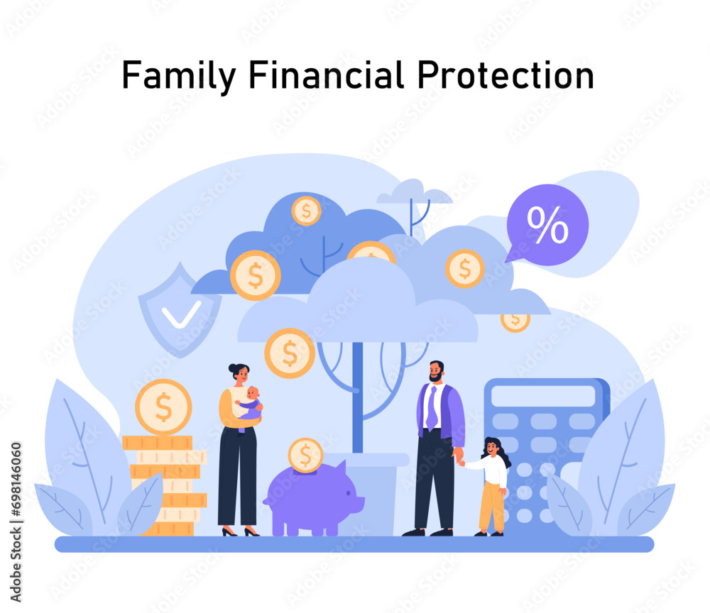 Family Financial Protection concept. Securing future wealth with strategic savings and investing. Fostering fiscal stability for generations. Flat vector illustration. Family Financial Protection concept. Securing future wealth with strategic savings and investing. Fostering fiscal stability for generations. Flat vector illustration.