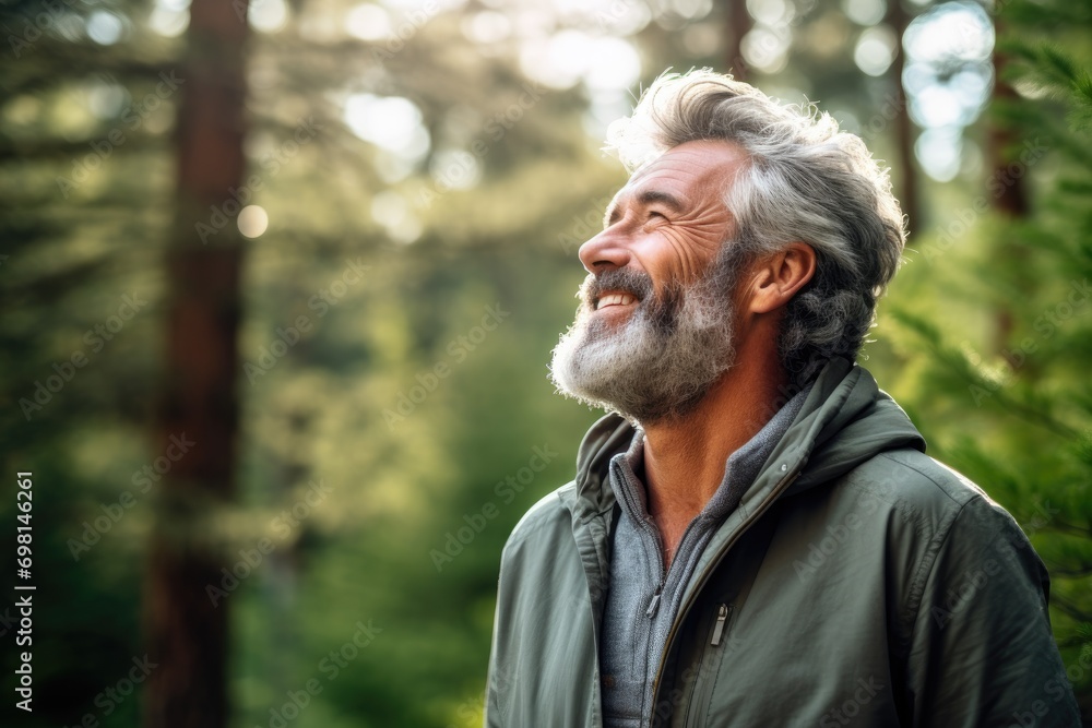 Man enjoying the green beautiful nature woods forest around her - concept healthy natural lifestyle - happiness emotion. Man enjoying the green beautiful nature woods forest around her - concept healthy natural lifestyle - happiness emotion.