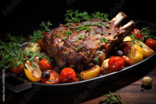 Roast lamb shank with herbs and vegetables. photo