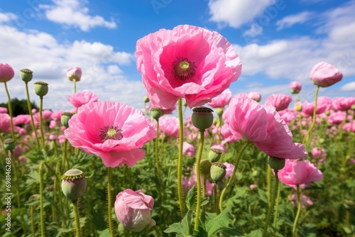 Cultivation of pink poppy (Papaver somniferum) for oil extraction. © kardaska