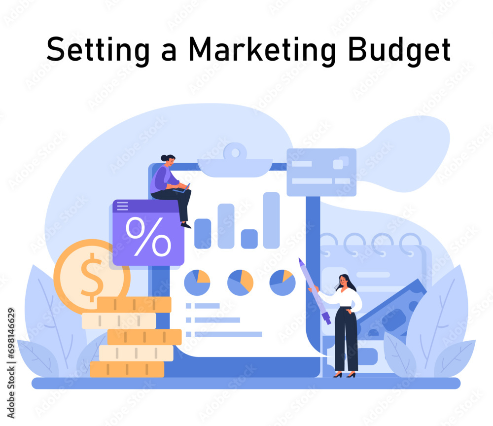 Setting a Marketing Budget concept. Financial experts analyze data to determine optimal advertising expenditure, ensuring cost-effective brand promotion. Financial planning. Flat vector illustration Setting a Marketing Budget concept. Financial experts analyze data to determine optimal advertising expenditure, ensuring cost-effective brand promotion. Financial planning. Flat vector illustration