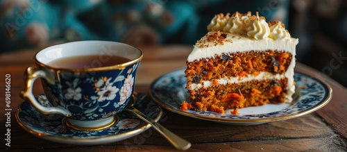 Carrot cake with cream cheese icing and a cup of tea in a blue and gold cup.