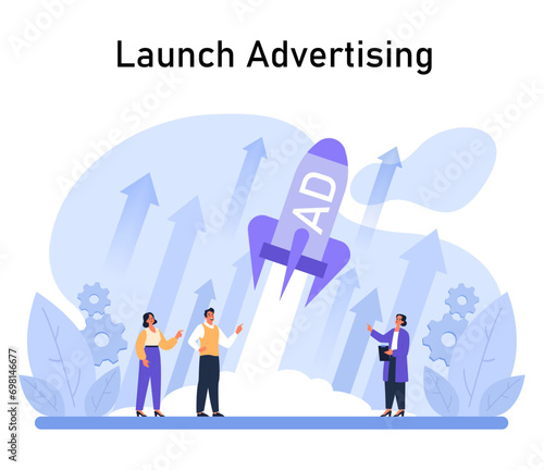 Launch Advertising concept. Marketers celebrate the kickoff of a dynamic ad campaign, aiming for market penetration and brand awareness. Strategic promotion. Flat vector illustration