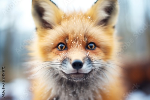 close-up of fox胢s face with snowflakes on fur