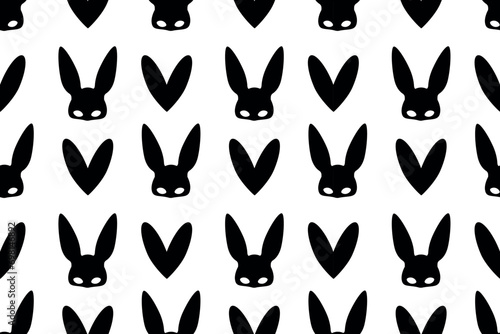 Seamless sex shop pattern. Black rabbit mask, black heart. For wrapping paper, website, flyer, card.
