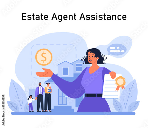 Estate Agent Assistance concept. Skilled agent aids family in home purchase, emphasizing financial transactions and verified documentation. Seamless property acquisition. Flat vector illustration.