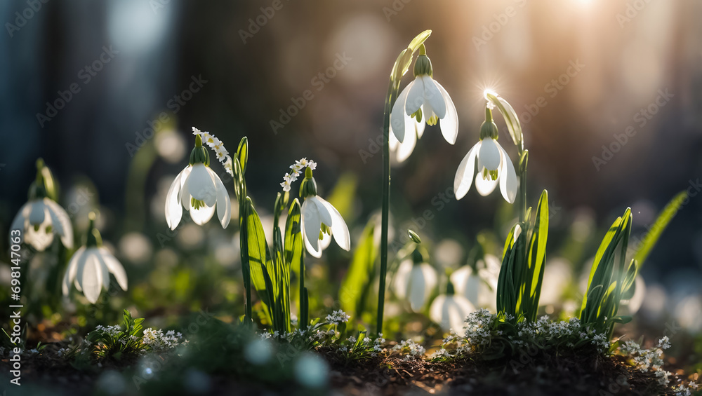 fabulous snowdrop flower close up blooming - obrazy, fototapety, plakaty 