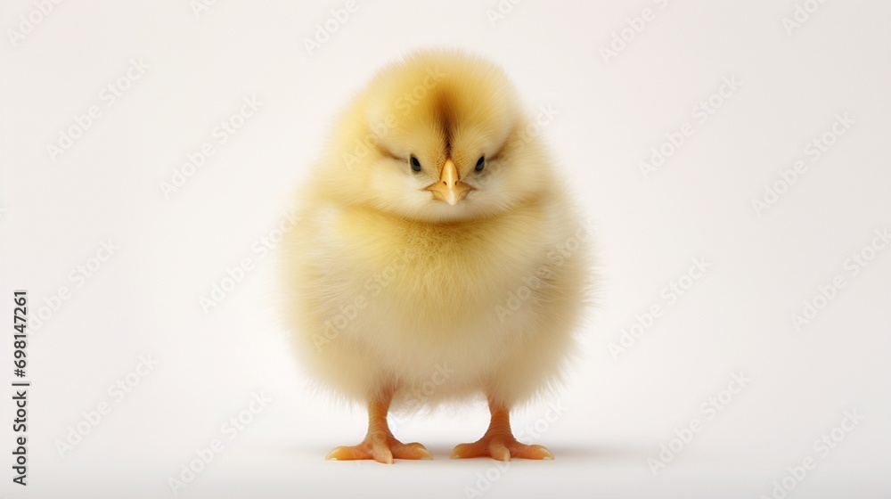 A fluffy baby chick standing tall, its soft yellow feathers contrasting with the white background.