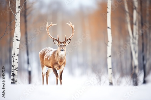 lone deer with antlers against a snowy forest backdrop