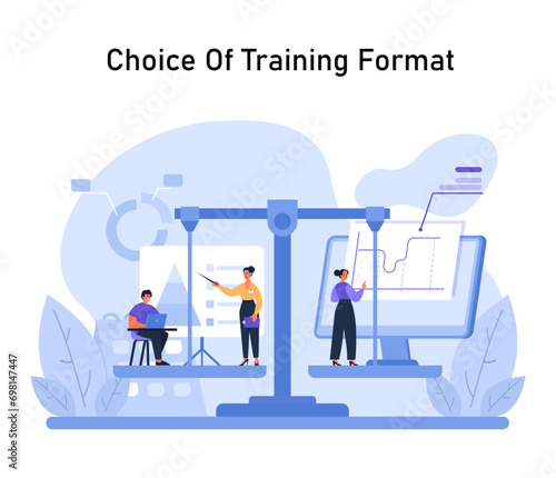 Professionals engaging in training format selection, using a modern platform with charts and digital tools. Making informed choices for upskilling endeavors. Collaborative decision-making. Flat vector