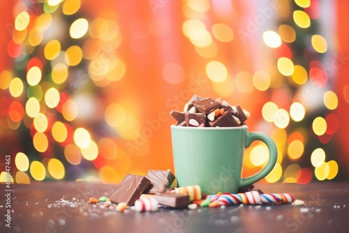cocoa in mug over holiday lights backdrop