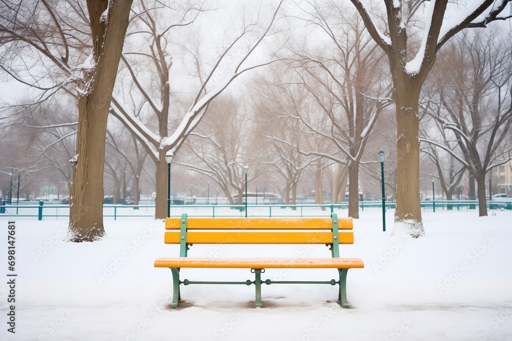 snow-covered park bench flanked by trees