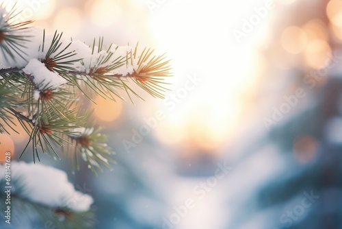 snow-covered pine needles close-up with soft light