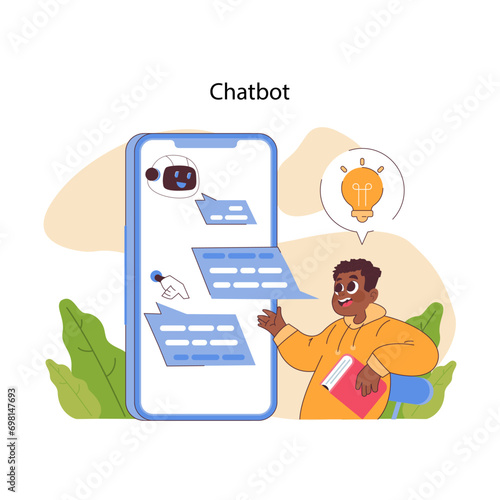 AI in education highlighted by a student's interaction with a chatbot, sparking ideas and facilitating learning. Flat vector illustration.