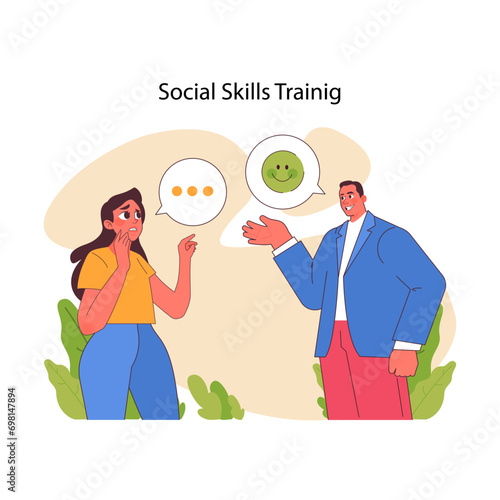 Social Skills Training concept. A scene portraying the learning and application of social cues, enhancing communication in autism. Flat vector illustration