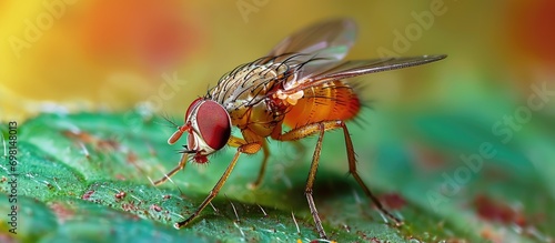 Insect pest on vegetable macro: tropical fruit fly Drosophila Diptera. photo