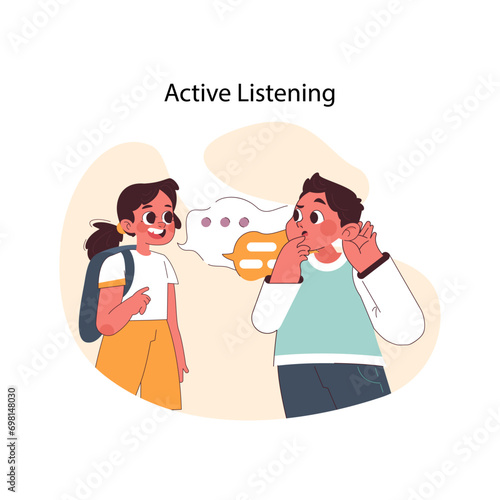 Active Listening concept. School age kids engage in a communication exchange, demonstrating the power of active listening skills. Flat vector illustration.
