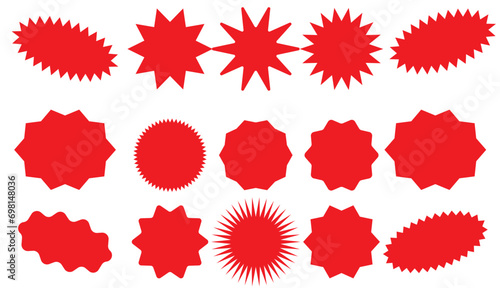 Set of vector starburst, sunburst badges. Nine different color. Simple flat style Vintage labels. Design elements. red stickers. A collection of different types and colors icon. photo