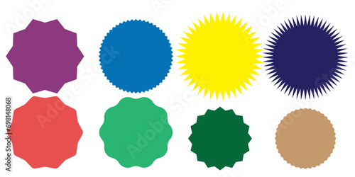 Set of vector starburst, sunburst badges. Nine different color. Simple flat style Vintage labels. Design elements. Colored stickers. A collection of different types and colors icon. eps 10  photo