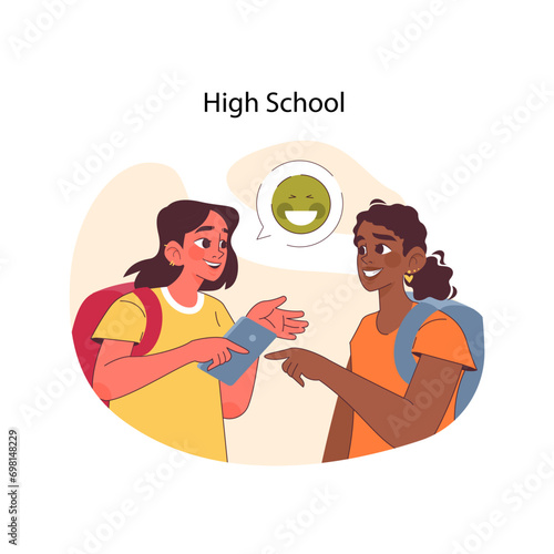 High school concept. Two teenage students exchange cheerful conversation, cracking jokes and having laugh. Social interactions and communication with friends in adolescence. Flat vector illustration.