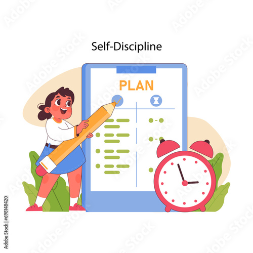Self Discipline concept. A young girl enthusiastically marks a checklist, learning time management and organization. Cultivating personal responsibility in children. Flat vector illustration